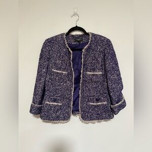 Talbots Purple Tweed Open Front Jacket Fringe Trim Size 10 Petite Classic Office